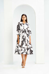 White Poly Rayon Collared Cuff Sleeve Floral Print Calf Length Dress